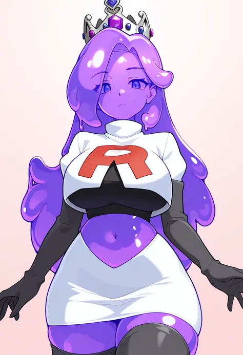 masterpiece, best quality, 1girl, solo, looking at viewer, queenslime, long hair, crown, colored skin, slime girl, large breasts, curvy, purple hair, team rocket,team rocket uniform,white skirt,red letter R,crop top,black thigh-highs,black elbow gloves, co...