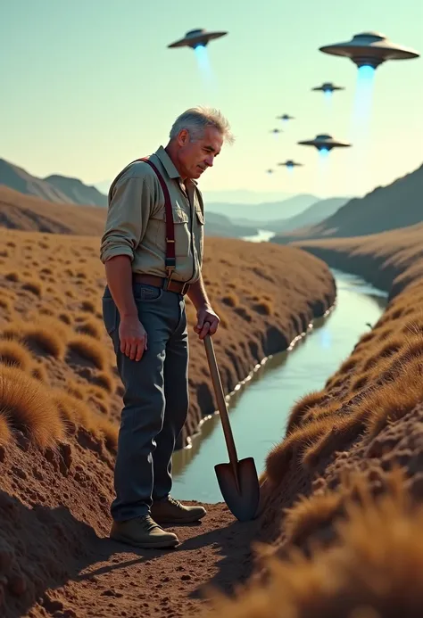 Middle aged man digging a water canal from Romanian Black Sea side to China, he's being monitored by aliens on the ground and in UFOs, ultrarealistic, 4k, wide lens, ray tracing, cinematic, sunny weather