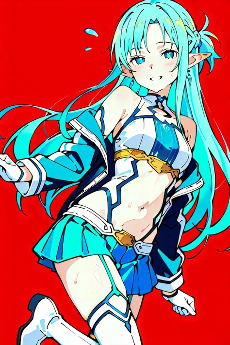 She's taking a naughty pose、 Sword Art Online 、Alone、(((I'm feeling intense sexual pleasure、 naughty expression 、Naughty eyes)))、 Yukiko Aikina、((bright blue colored hair))、Bright blue eyes、(  big eyes:1.1)、  beautiful eyes、  textured skin、 slender 、(ALO A...