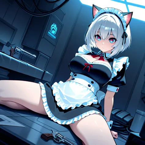 (masterpiece:1.3, highest quality, highres),1girl, Equipped with huge revolver-type pile bunkers on both arms., A large mechanical headband in the shape of cat ears: 1.2, (beautiful eyes:1.3, Best quality eyes: 1.2, Detailed eyes: 1.2, Popping out eyes), (...