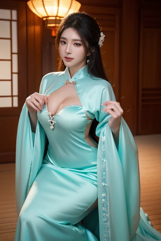 masterpiece, ultra realistic,32k,intricate details, sharp focus, realistic, closed, seductive pose, black eyes, jewelr, lips, realistic, looking_at_viewer, irene1, wet skin, shiny skin, long sleeves, chinese clothes,tang Dynasty, chinese, cityscape, dynami...