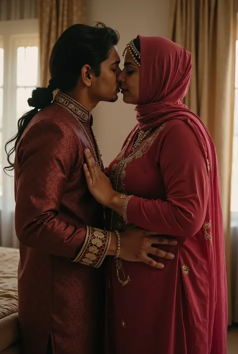 Fat Muslim women are in Muslim dress.  Her big breasts are visible.  A Hindu youth in his traditional dress.  He has one hand on the Muslim girl's breast and one hand on the woman's waist.  Both are about to kiss.  Behind is the view of the bedroom.