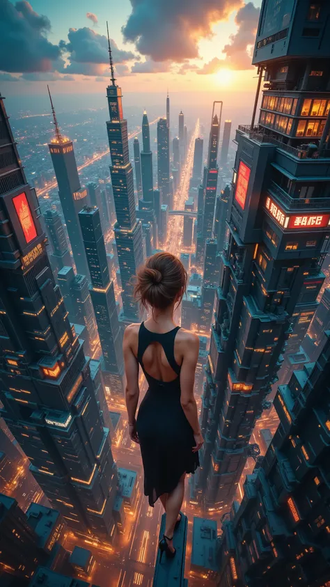 Masterpiece, Top Quality, Cityscape, bird's eye view, woman on ledge, skyscraper, vertigo, dizzying height, black dress, wind-blown hair, urban landscape, futuristic city, dystopian, digital painting, concept art, high contrast, dramatic lighting, photorea...