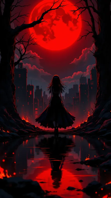 Masterpiece, Top Quality, Dark anime girl, black dress, red moon, apocalyptic cityscape, silhouette, reflective surface, embers, tree branches, night sky, ominous atmosphere, detailed illustration, vibrant red and black color palette, dramatic lighting, ha...