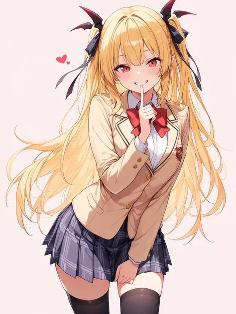 ((masterpiece, best quality, extremely detailed)), 1girl, blonde hair, long hair, red eyes, hair ribbon, demon girl, school uniform, black thighhighs, grin, finger to mouth, looking at viewer, cowboy shot, no cropping, simple background,