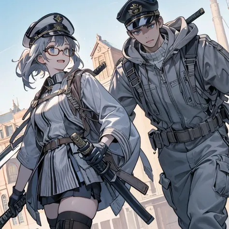 (from below:1.2, best quality ), girl , Platinum color hair military uniform , The dreamer wants purplish blue eyes ,(small breasts:1.0), Lori will do it, (masterpiece:1.2, best quality ), (Beautiful detailed depiction : 1.2), ( beautiful detailed face ), ...