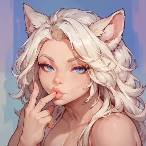 portrait of a femboy with puffy white hair, pastel blue eyes, has wolf ears, plump lips, sucking finger