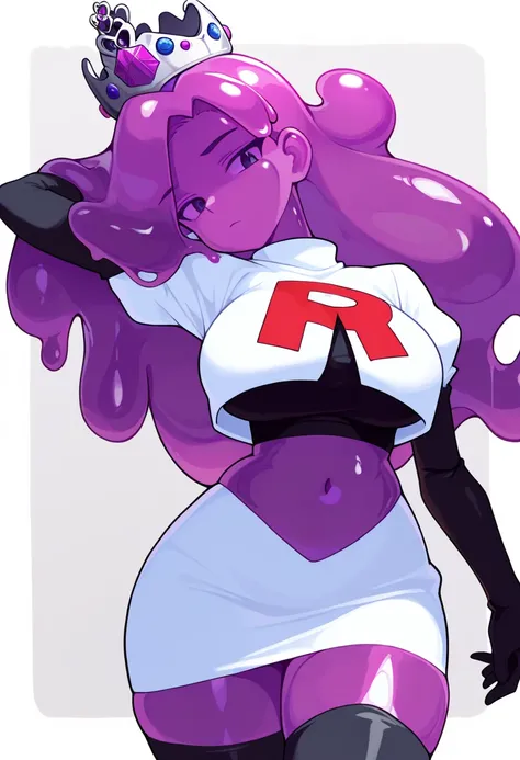 masterpiece, best quality, 1girl, solo, looking at viewer, queenslime, long hair, crown, colored skin, slime girl, large breasts, curvy, purple hair, team rocket,team rocket uniform,white skirt,red letter R,crop top,black thigh-highs,black elbow gloves, co...