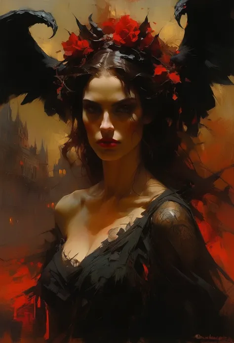 Lilith queen of demons. masterpiece. best quality. perfect anatomy. beautiful cinematic impressionistic painting, dark dramatic character, in the style of jeremy mann and charles dana gibson, mark demsteader, paul hedley