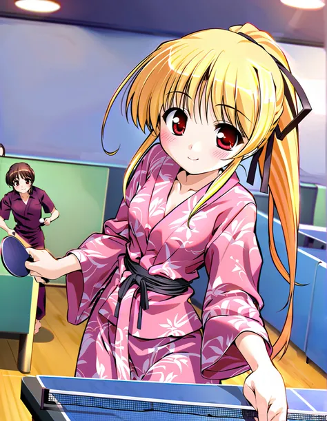 cynthia marguerite, Alone, (cowboy shot), blonde hair, red eyes, ponytail, long hair, hair ribbon,  small breasts, (bath yukata), ( yukata is bare ), (Red cheeks:1.2), (bright smile:1.1), ( I'm ashamed), ( playing table tennis:1.1), (Table tennis court), (...
