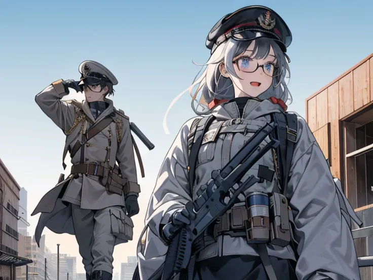 (from below:1.2, best quality ), girl , Platinum color hair military uniform , The dreamer wants purplish blue eyes ,(small breasts:1.0), Lori will do it, (masterpiece:1.2, best quality ), (Beautiful detailed depiction : 1.2), ( beautiful detailed face ), ...