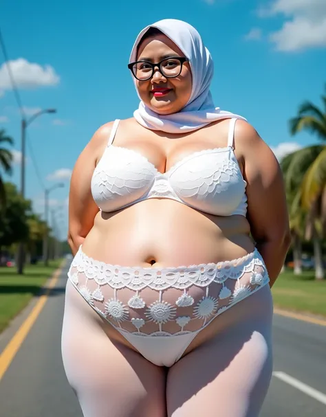 hijab, (( CHUBBY PLUMP EXHIBITIONIST )),  hands behind .  (hijab:1.17), ( 1 Beautiful fat girl :1.54), Fat Indonesian Woman 、в Oversized Bra 、 WIDE HIPS 280cm ,  PEHA SANGAT BESAR LEBAR ,  (Wearing white lace stockings Transparent PALAZZO &  high boots)、th...