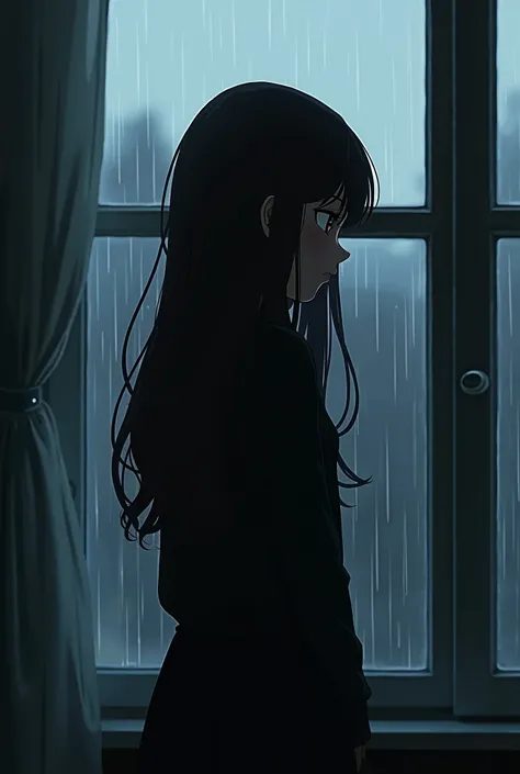 Personne au cheveux long chatain foncer,  that reaches up to her chest and slightly wavy. (c'est une fille) Who can only be seen from the side ,  she She has dark brown eyes . And a scum .  is facing a window where outside it is raining torently.  The ligh...