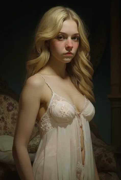 Créez un portrait de Carmilla par Sheridan Le Fanu, femme adolescente, longs cheveux bouclés blonds, gothique. Elle porte une chemise de nuit transparente légère blanche laissant apercevoir ses mamelons. Her expression is enigmatic, a blend of seduction, s...