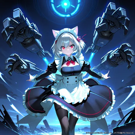 (masterpiece:1.3, highest quality, highres),1girl, Equipped with pile drivers on both arms, A large mechanical headband in the shape of cat ears: 1.2, (beautiful eyes:1.3, Best quality eyes: 1.2, Detailed eyes: 1.2, Popping out eyes), (short bob, silver ha...