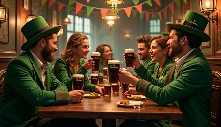 "A cozy pub scene in London with pints of Guinness and friends wearing green, enjoying the St. Patrick’s Day festivities." (UK)
