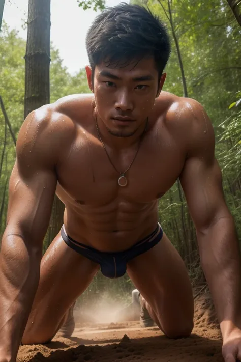 Young handsome Asian muscular boy, Japanese man, very short hair, designed hair style , string necklace, muscular body, scars at the chest, muddy body, tanned skin, brown skin, topless, handsome face, very hairy, sweaty, dropped sweat, sweaty, oiled body, ...