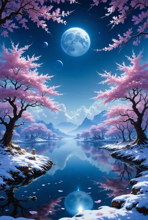 night、 Generate a fantastic night image where snow and cherry blossoms coexist 。 Please include the following elements ：

1. **background**:  quietly fall into the lake along with 、 a quiet snowy lake 、 Moonlight is reflected on the lake
2 . **Movement**: ...