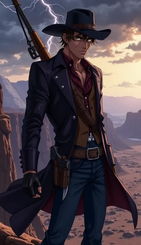 A rugged and solitary cowboy with a weathered face, short-cropped brown hair, and piercing amber eyes that seem to always be scanning the horizon. He wears a worn, dark brown leather duster coat, a black cowboy hat with a deep crease, and a rugged vest ove...