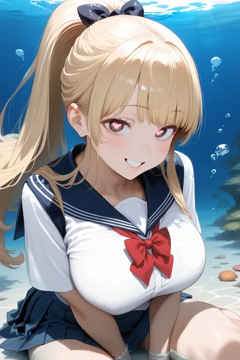  1 girl sitting underwater,  gals, high school students,uniform, looks like her breasts are breaking, long hair, Blonde,  ponytail, Bang Bangs,  princess cut,  big breasts,  red eyes,  and laugh,  Seductive Smile , Three white eyes, Peck on the cheek,  hea...