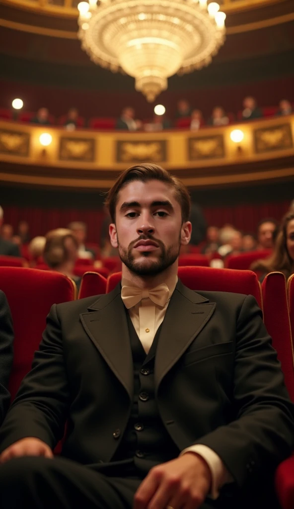 Transform the attached person into a 1930s theatergoer seated in a grand vintage theater. Preserve his exact facial features and hairstyle, dressing him in a formal 1930s suit with a bow tie. Place him in a plush red velvet seat, surrounded by ornate gold ...