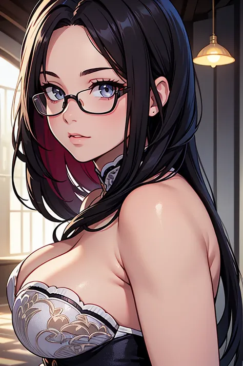 a beautiful young woman with grey eyes, wearing glasses, long light hair, 175cm tall, voluptuous figure with large bust and curvy hips, wearing a sparkling floor-length dress with a deep neckline, (best quality,4k,8k,highres,masterpiece:1.2),ultra-detailed...