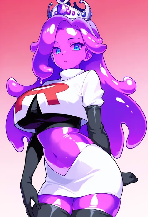 masterpiece, best quality, 1girl, solo, looking at viewer, queenslime, long hair, crown, colored skin, slime girl, large breasts, curvy, purple hair, team rocket,team rocket uniform,white skirt,red letter R,crop top,black thigh-highs,black elbow gloves, co...