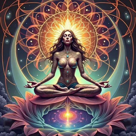 a woman sitting in lotus position with her eyes closed and her hands crossed, surrounded by a circular pattern of, dmt goddess, psytrance artwork, psychedelic goddess, epic shamanic dmt art, portrait of a cosmic goddess, dmt art, goddess of galaxies, cosmi...