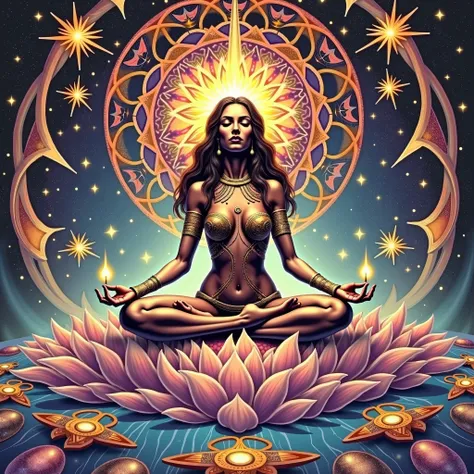 a woman sitting in lotus position with her eyes closed and her hands crossed, surrounded by a circular pattern of, dmt goddess, psytrance artwork, psychedelic goddess, epic shamanic dmt art, portrait of a cosmic goddess, dmt art, goddess of galaxies, cosmi...