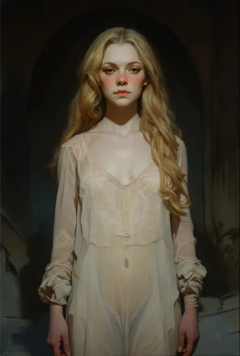 Créez un portrait de Carmilla par Sheridan Le Fanu, jeune femme 19 ans, longs cheveux bouclés blonds, gothique. Elle porte une chemise de nuit transparente légère blanche laissant apercevoir ses mamelons. Her expression is enigmatic, a blend of seduction, ...