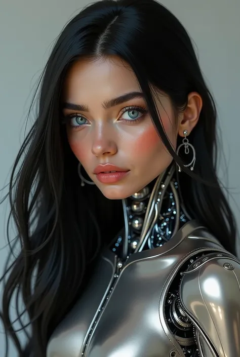 (photorealism:1.2),robotic body similar to a perfect figure woman, face mix with robot and natural human, some clothes wearing with metallic dress, face is adorable, black long hair, blue eyes, Indian face. realistic full body HD Image