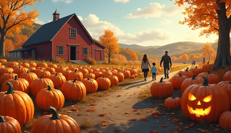 "A pumpkin patch in New England, USA, with families picking pumpkins and carving spooky faces." (USA)
