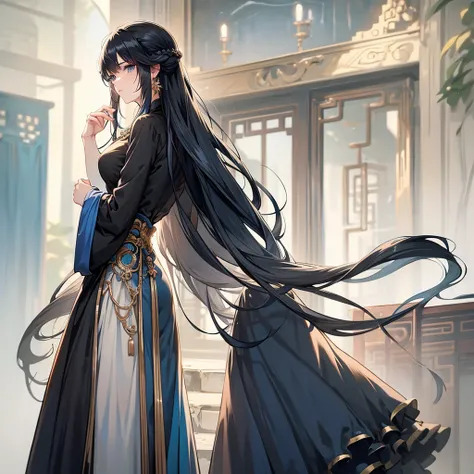 1 women, long black hair, blue eyes, blue chinese clothes, ultra long skirt