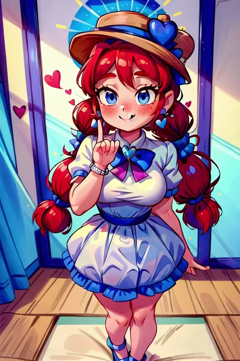 (masterpiece, best quality), 1girl, blue and white frill dress, red hair, two ponytails, cute face, blue eyes, standing, indoor, intricate detail, sunlight, elegant hat, sexy pose, blue and white shoes, earrings, elegant hand watch, smile, blush, fall in l...