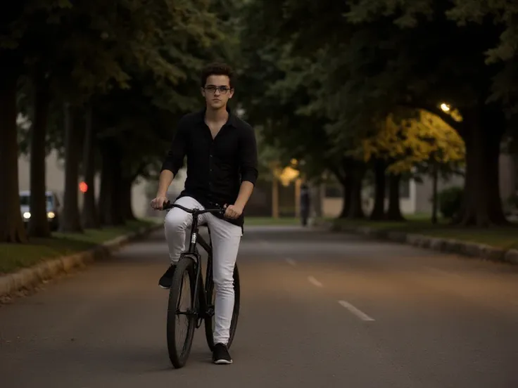 B A seventeen-year-old boy is riding a bicycle on a street at night in various poses. The boy is wearing a black Punjabi, black shoes, and white pants. There are many trees on the side of the street. Car lights. Lights. And the color of the bicycle is blac...