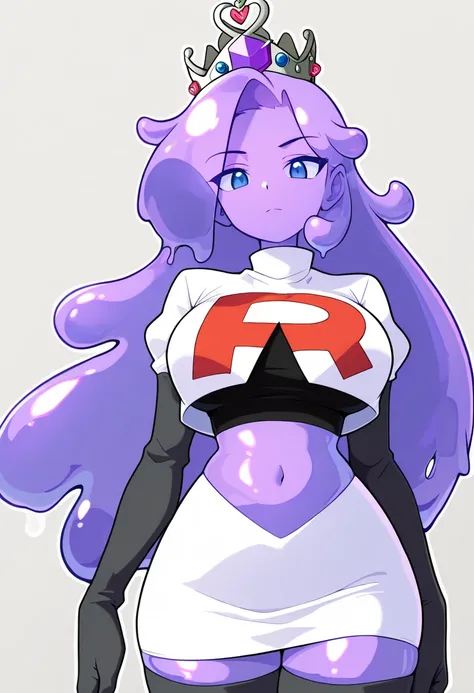 masterpiece, best quality, 1girl, solo, looking at viewer, queenslime, long hair, crown, colored skin, slime girl, large breasts, curvy, purple hair, team rocket,team rocket uniform,white skirt,red letter R,crop top,black thigh-highs,black elbow gloves, co...