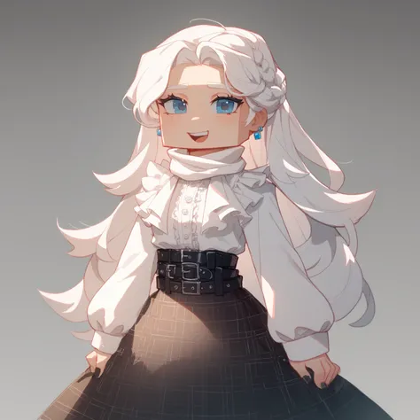 MinecraftStyle, cubic world, High-quality, clean image, long white hair from the front and back, styled in an elegant hairstyle. A basic tight black long-sleeve shirt, a stylish solid white scarf, a short checkered skirt with a black-and-white square patte...