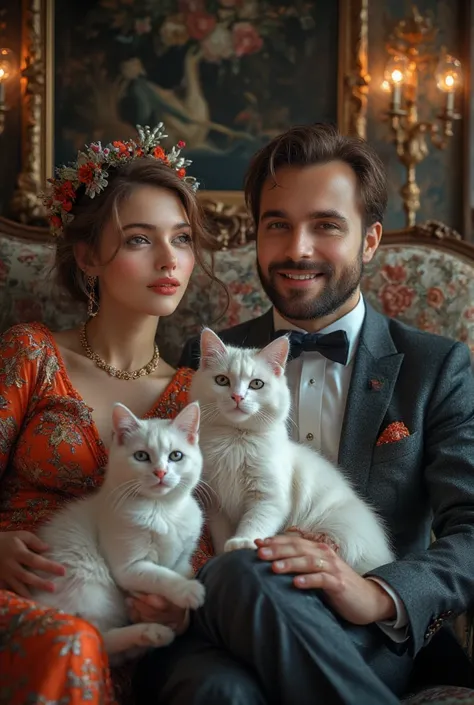  A beautiful family of American cats ,millionaire style .wife,husband,Son,is, well-detailed clothing , beautiful American culture ,white cats with gray spots