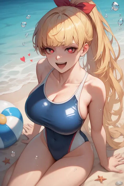  1 girl sitting underwater,  gals, high school students, swimsuit, beach, looks like her breasts are breaking, long hair, Blonde,  ponytail, Bang Bangs,  princess cut,  big breasts,  red eyes,  and laugh,  Seductive Smile , Three white eyes, Peck on the ch...