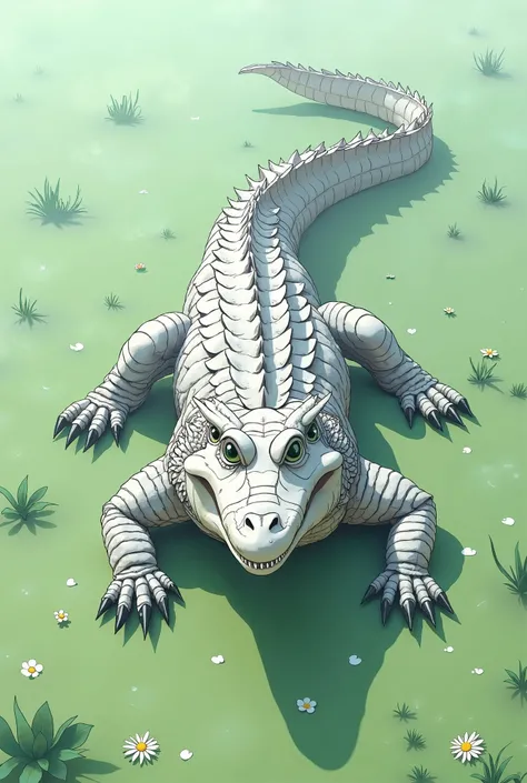  Create an image of a large crocodile with its body made of several torn pieces of white and gray paper, with its teeth , claws and dorsal spines being made from black pencil tips. It's in a green field ( anime style)