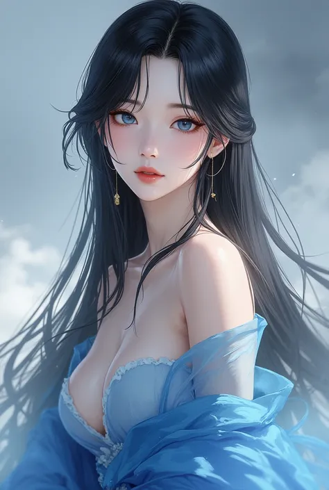 !!1 women!!, !!!black hair!!!, ((solo)), perfect anatomy, very long hair , !!!black hair!!!, blue eyes, good-looking women, breasts, boobs, blue chinese clothes, ultra long skirt