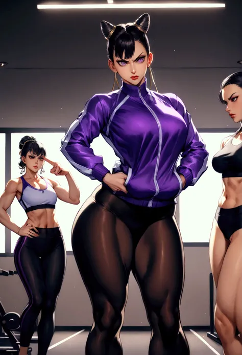 Chunli,, Dark Eye Shadow ,Glaring eyes, A beautiful young fitness woman and  ,   are wearing May and black pantyhose at the gym,  a beautiful young fitness woman wearing a white and purple fitted gym jacket .  Standalone stand , Hair horn, bright purple ey...