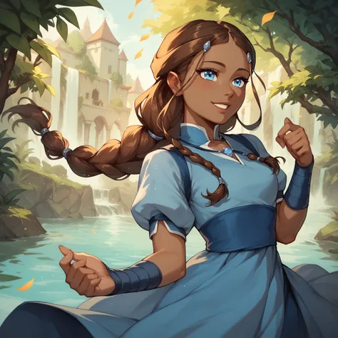 1girl, katara, brown hair, braid, blue dress, blue eyes, dark skin
