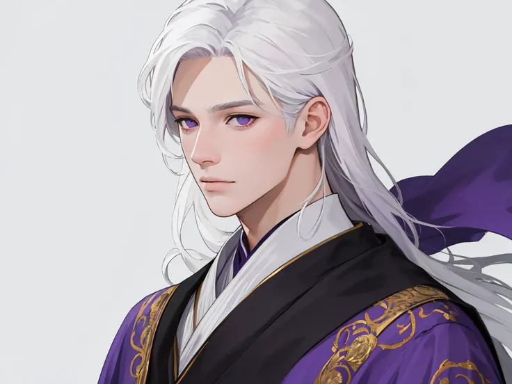 national foundation,masterpiece,need,Super fine,semi-realistic,Detailed facial features,1 boy,White hair,long white hair,bluish violet eyes,Dressed in exquisite costumes, purple background, mystical