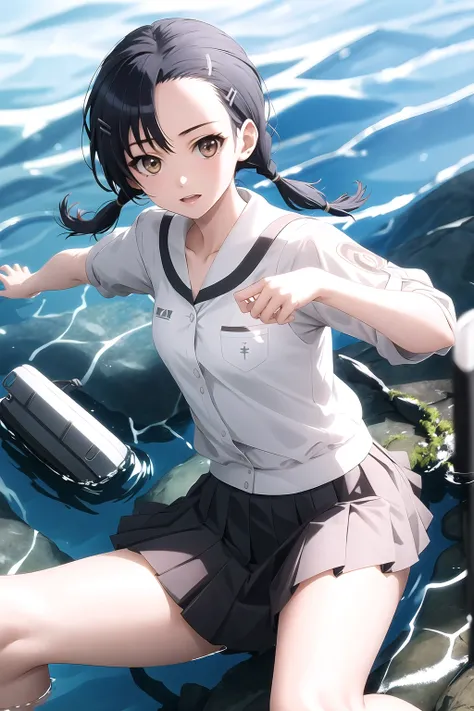   ridiculous ,  best quality,  1 girl sitting underwater,  Kuranaga Kozue, ,  Black School Uniform Outfit ,  white shirt,,  twin tails,  hair clips