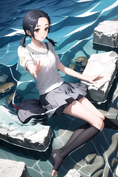   ridiculous ,  best quality,  1 girl sitting underwater,  Kuranaga Kozue, ,  Black School Uniform Outfit ,  white shirt,,  twin tails,  hair clips