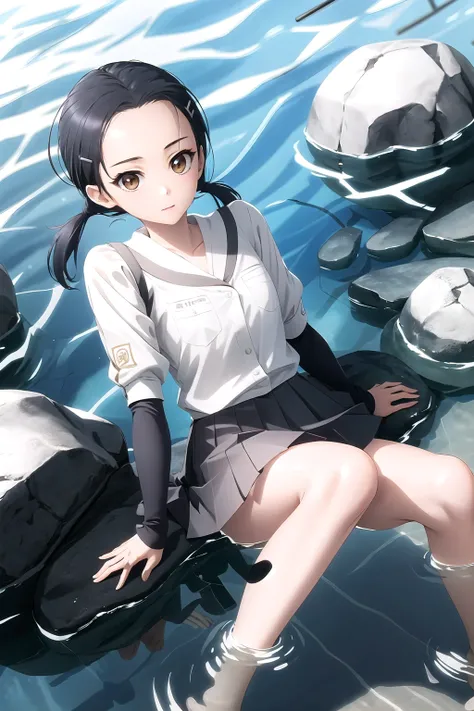   ridiculous ,  best quality,  1 girl sitting underwater,  Kuranaga Kozue, ,  Black School Uniform Outfit ,  white shirt,,  twin tails,  hair clips