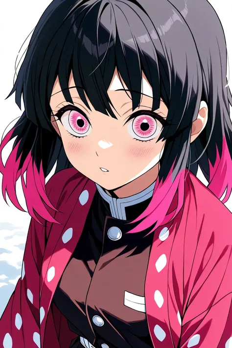  Generate a black-haired girl in the style of Kimetsu no Yaiba with her hunter's uniform, her black hair with orange and pink tips her pink eyes 