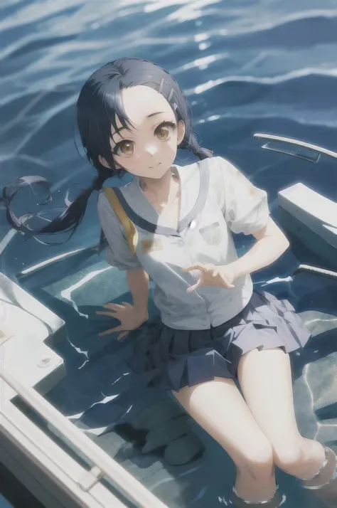   ridiculous ,  best quality,  1 girl sitting underwater,  Kuranaga Kozue,  school uniform ,  twin tails,  hair clips