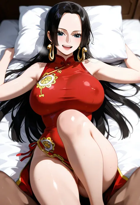 masterpiece, best quality, amazing quality, 1girl, Boa Hancock, one piece, blue eyes, black hair, long hair, red Chinese cheongsam, beautiful legs, white legs, raising one leg, very happy smile, cowboy shot, leaning forward, simple background, medium size ...